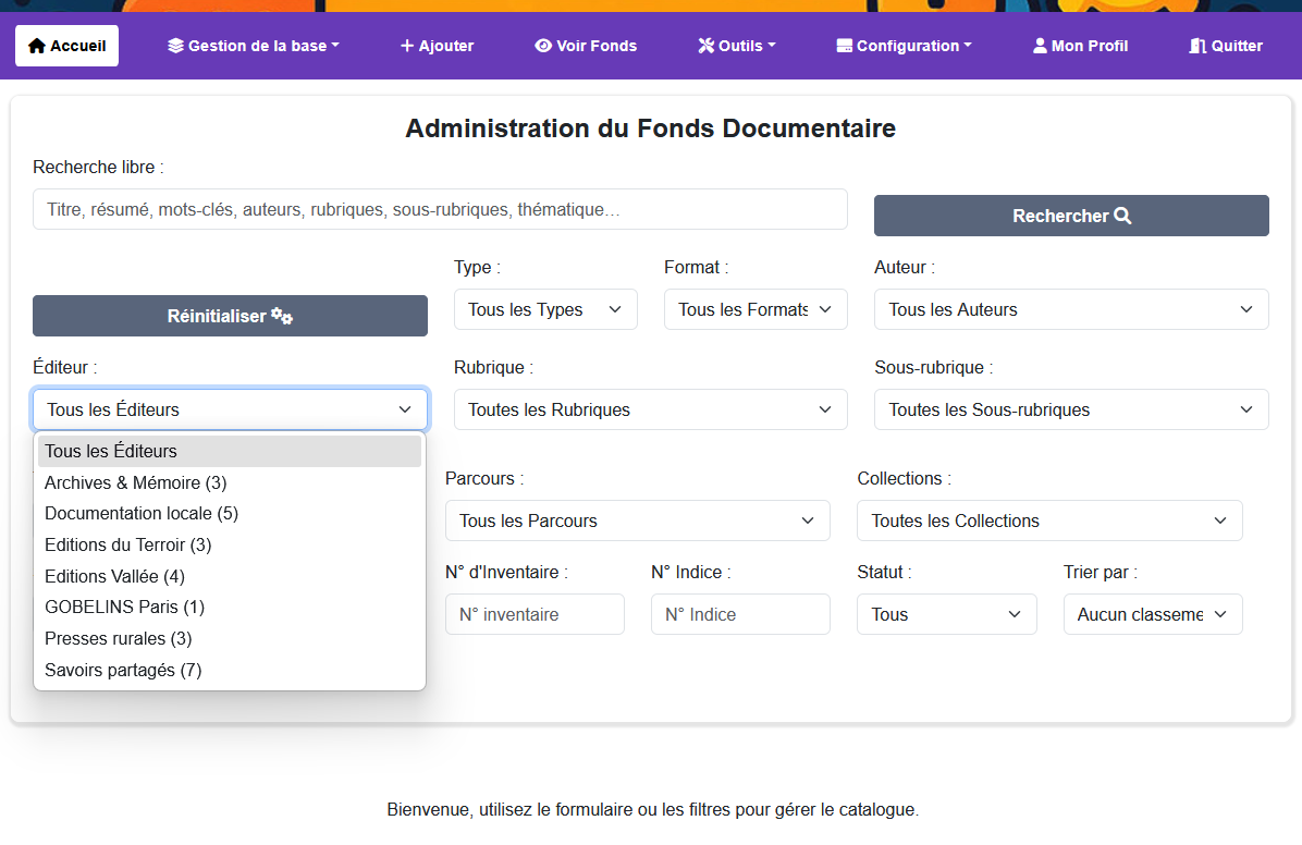 Filtres d'accueil admin